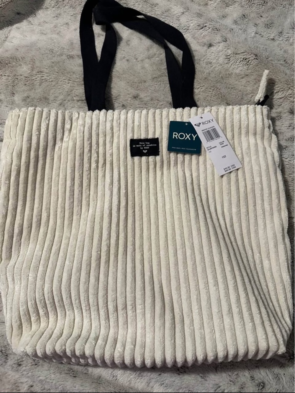 Roxy Cream Ribbed Tote with Black Shoulder Straps